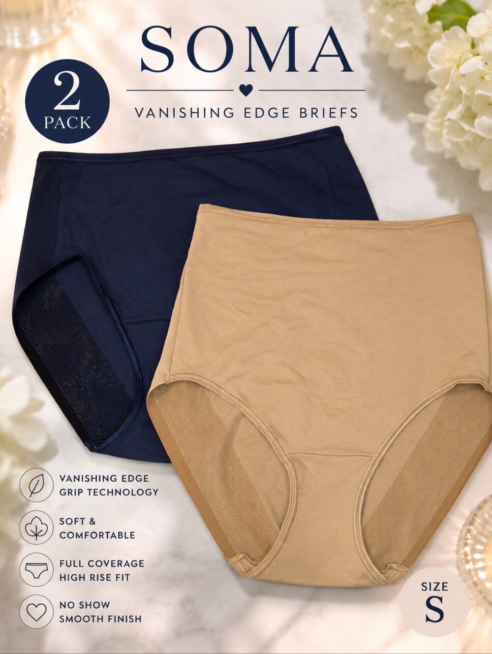 Soma Vanishing Edge High Rise Brief Panties 2 Pack Size Small NWT Navy Nude